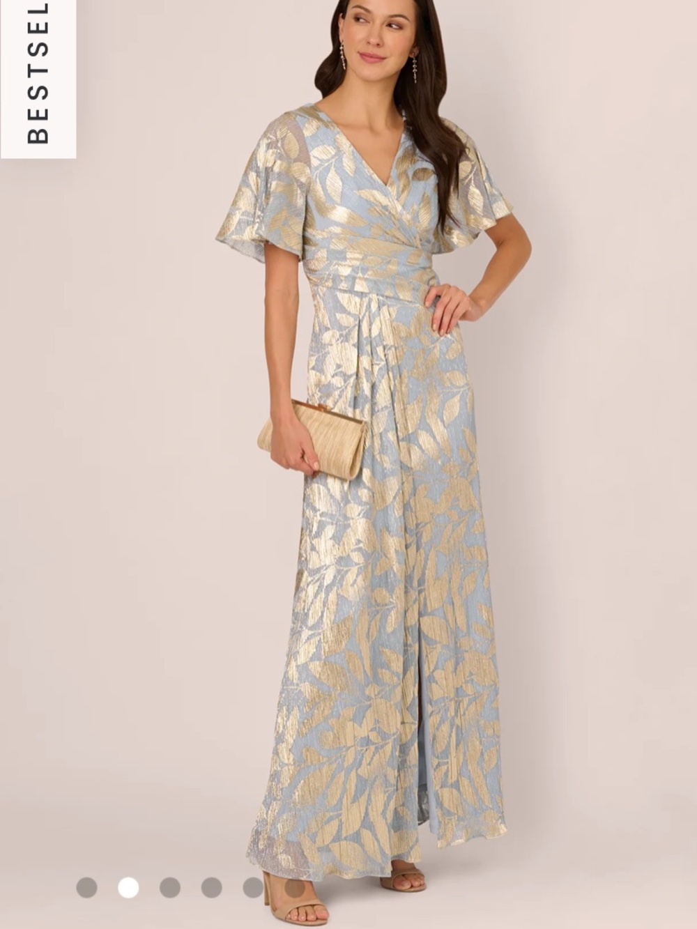 Adrianna Papell Foil Leaf Short Sleeve Gown in Light Blue & Gold